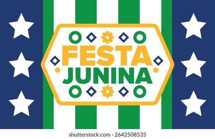 Festa Junina no Brasil. Festival brasileiro. Feliz feriado. Bandeira do Brasil. Carnaval e desfile. Festa divertida de verão. Ilustração vetorial