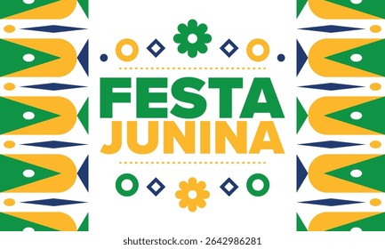 Festa Junina no Brasil. Festival brasileiro. Feliz feriado. Bandeira do Brasil. Carnaval e desfile. Festa divertida de verão. Ilustração vetorial