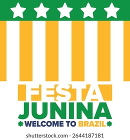 Festa Junina no Brasil. Festival brasileiro. Feliz feriado. Bandeira do Brasil. Carnaval e desfile. Festa divertida de verão. Ilustração vetorial