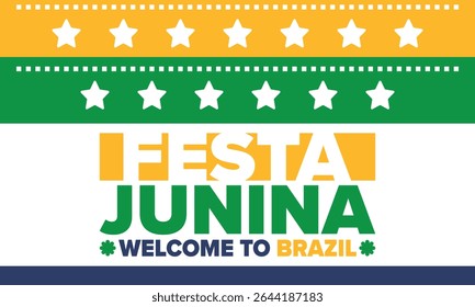 Festa Junina no Brasil. Festival brasileiro. Feliz feriado. Bandeira do Brasil. Carnaval e desfile. Festa divertida de verão. Ilustração vetorial