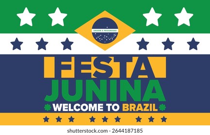Festa Junina no Brasil. Festival brasileiro. Feliz feriado. Bandeira do Brasil. Carnaval e desfile. Festa divertida de verão. Ilustração vetorial