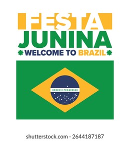 Festa Junina no Brasil. Festival brasileiro. Feliz feriado. Bandeira do Brasil. Carnaval e desfile. Festa divertida de verão. Ilustração vetorial