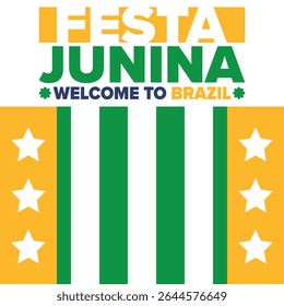 Festa Junina no Brasil. Festival brasileiro. Feliz feriado. Bandeira do Brasil. Carnaval e desfile. Festa divertida de verão. Ilustração vetorial