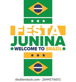 Festa Junina no Brasil. Festival brasileiro. Feliz feriado. Bandeira do Brasil. Carnaval e desfile. Festa divertida de verão. Ilustração vetorial