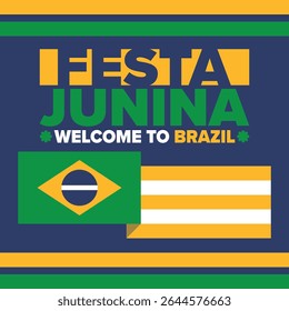 Festa Junina no Brasil. Festival brasileiro. Feliz feriado. Bandeira do Brasil. Carnaval e desfile. Festa divertida de verão. Ilustração vetorial