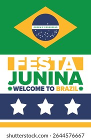 Festa Junina no Brasil. Festival brasileiro. Feliz feriado. Bandeira do Brasil. Carnaval e desfile. Festa divertida de verão. Ilustração vetorial