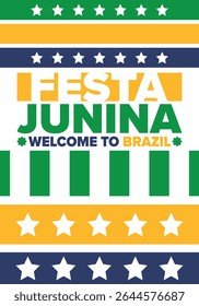 Festa Junina no Brasil. Festival brasileiro. Feliz feriado. Bandeira do Brasil. Carnaval e desfile. Festa divertida de verão. Ilustração vetorial