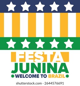 Festa Junina no Brasil. Festival brasileiro. Feliz feriado. Bandeira do Brasil. Carnaval e desfile. Festa divertida de verão. Ilustração vetorial
