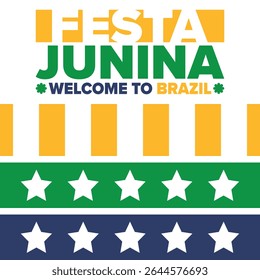 Festa Junina no Brasil. Festival brasileiro. Feliz feriado. Bandeira do Brasil. Carnaval e desfile. Festa divertida de verão. Ilustração vetorial