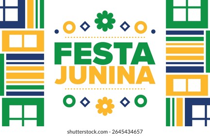 Festa Junina no Brasil. Festival brasileiro. Feliz feriado. Bandeira do Brasil. Carnaval e desfile. Festa divertida de verão. Ilustração vetorial