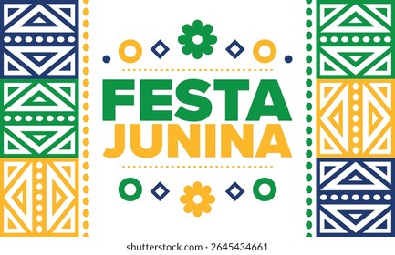 Festa Junina no Brasil. Festival brasileiro. Feliz feriado. Bandeira do Brasil. Carnaval e desfile. Festa divertida de verão. Ilustração vetorial