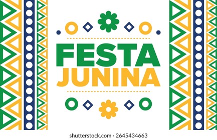 Festa Junina no Brasil. Festival brasileiro. Feliz feriado. Bandeira do Brasil. Carnaval e desfile. Festa divertida de verão. Ilustração vetorial