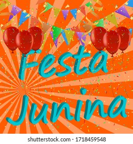 Festa Junina Brazil. Colorful Party flags,confetti,ballon. Holiday Festival Design for Greeting Card, Invitation or Poster. Celebration & Party.Square format. Vector Illustration on gold background.