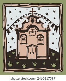 Fiesta Junina en Brasil. Cordel estilo woodcut. Iglesia, cielo estrellado, banderas de partidos y plantas.