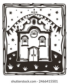 Festa Junina in Brazil. Cordel woodcut style. Church, starry sky, party flags and plants.