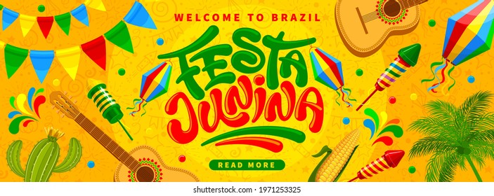 Festa Junina Brazil Festival banner template. Folklore holiday. Festa Junina calligraphy lettering with colorful flags garlands, paper lantern, fireworks on yellow background. Vector illustration.