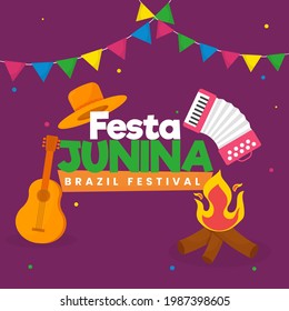 Festa Junina Brazil Festival Celebration With Bonfire, Musical Instrument, Hat And Bunting Flags On Purple Background.