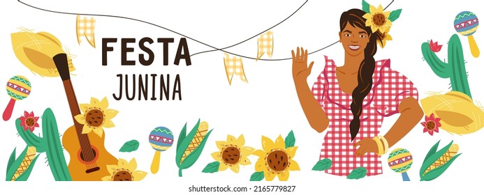 Festa Junina Brazil Festival flyer or banner layout with pretty woman character, flat vector illustration isolated on white background. Festa Junina party invitation.