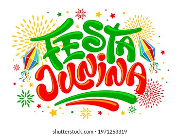 Festa Junina Brazil Festival. Folklore holiday. Festa Junina calligraphy lettering with fireworks and colorful traditional paper lantern. Vector illustration.