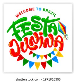 Festa Junina Brazil Festival. Folklore holiday. Festa Junina calligraphy lettering with colorful flags garlands and traditional paper lantern. Vector illustration.