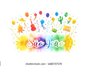 Festa Junina Brazil Festival watercolor rainbow banner. Festa Sao Joao Folklore holiday. Festival fire. Vector illustration