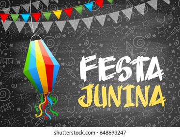 Festa Junina Brazil holiday design with traditional decorations and festive pattern on chalkboard. Vector illustration.