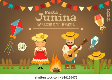 Festa Junina - Brazil June Carnival. Card Folklore Holiday. Vector Illustration.