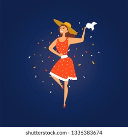 Festa Junina Brazil June Festival, Smiling Young Woman in Cowboy Hat Dancing at Night Folklore Party Vector Illustration