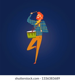 Festa Junina Brazil June Festival, Smiling Girl Dancing and Playing Drum at Night Folklore Party Vector Illustration