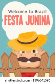 Festa Junina - Brazil June Festival. Poster for Folklore Holiday. Funny  Hick in Straw Hat. Vector Illustration. 