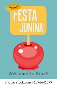 Festa Junina - Brazil June Festival. Poster for Folklore Holiday. Caramel Apple on Blue Background. Vector Illustration.