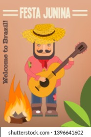 Festa Junina - Brazil June Festival. Poster for Folklore Holiday. Funny  Hick in Straw Hat Plays the Guitar near Bonfire. Vector Illustration.