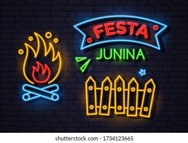 Festa Junina Brazil june festival neon  holiday banner, glow greeting card. Fertility festival in Latin America. Vector illustration