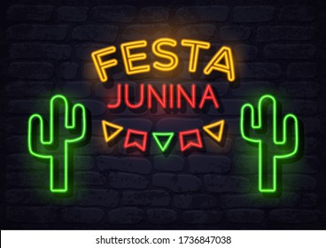 Festa Junina Brazil june festival neon  holiday banner, glow greeting card. Fertility festival in Latin America. Vector illustration