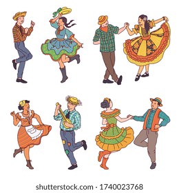 Festa Junina Brazil June Festival dancers men and women cartoon characters set, sketch vector illustration isolated on white background. Elements for cards and banners.