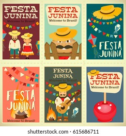 Festa Junina - Brazil June Festival. Posters Set of Folklore Holiday. Vector Illustration.