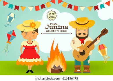 Festa Junina - Brazil June Festival. Card Folklore Holiday. Vector Illustration.