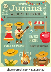 Festa Junina - Brazil June Festival. Retro Poster Infographic of Folklore Holiday. Vector Illustration.