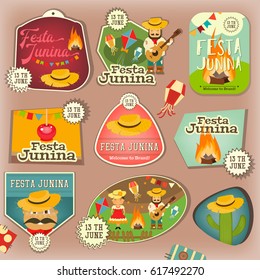 Festa Junina - Brazil June Festival. Stickers Set of Folklore Holiday. Vector Illustration.