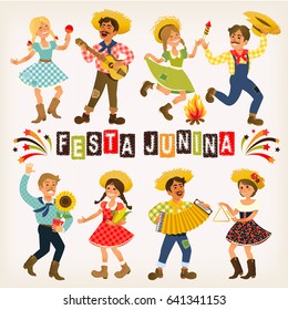 Festa Junina Brazil June Festival. Folklore Holiday. Characters. Vector Illustration.