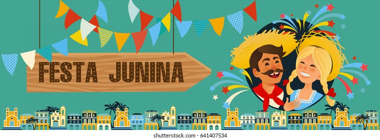 Festa Junina Brazil June Festival banner. Folklore Holiday. Characters. Vector Illustration.