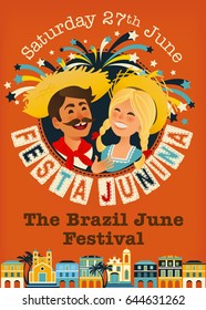 Festa Junina Brazil June Festival banner. Folklore Holiday. Characters. Vector Illustration.