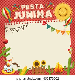 Festa Junina - Brazil June Festival. Retro Poster of Folklore Holiday. Cage Background. Vector Illustration.