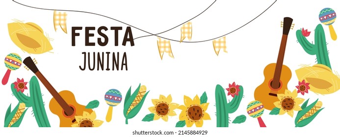 Festa Junina Brazil June harvest Festival flyer or banner template, flat vector cartoon illustration isolated on white background. colorful horizontal orientation banner for Festa Junina party.