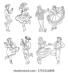 Festa Junina - Brazil June holiday party set of cartoon people dancing to music in traditional costumes. Coloring book line drawing of dancers, isolated vector illustration