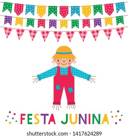Festa Junina, Brazil June party greeting card with a scarecrow