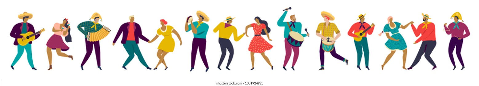 Festa Junina Brazil party People In Traditional Clothes Musicians And Dancers Horizontal Banner. Characters. Vector Illustration. 