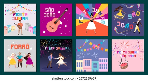 Festa Junina in Brazil. Traditional Brazilian holiday. Latin American summer festival. Set of card designs for web and print, banner and leaflets. Colourful characters celebrating. Trendy illustration