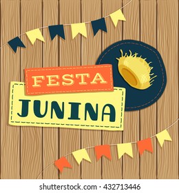 Festa Junina, brazilian june fest logo with elements and background.