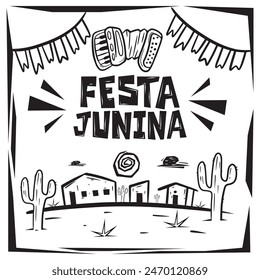 Festa Junina. Brazilian June Festival. Sign with accordion on top and scenery below. Vectorized cordel style graphic elements